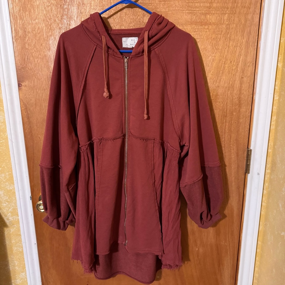 Oli & Hali zip Front hooded Jacket large Sz L Shabby Chic oversized raw hem
